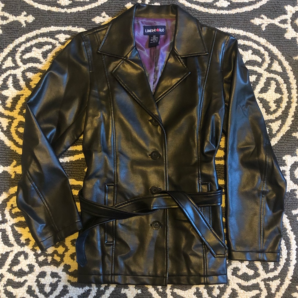 Limited Too Black Faux Leather Pea Coat with Purple Lining